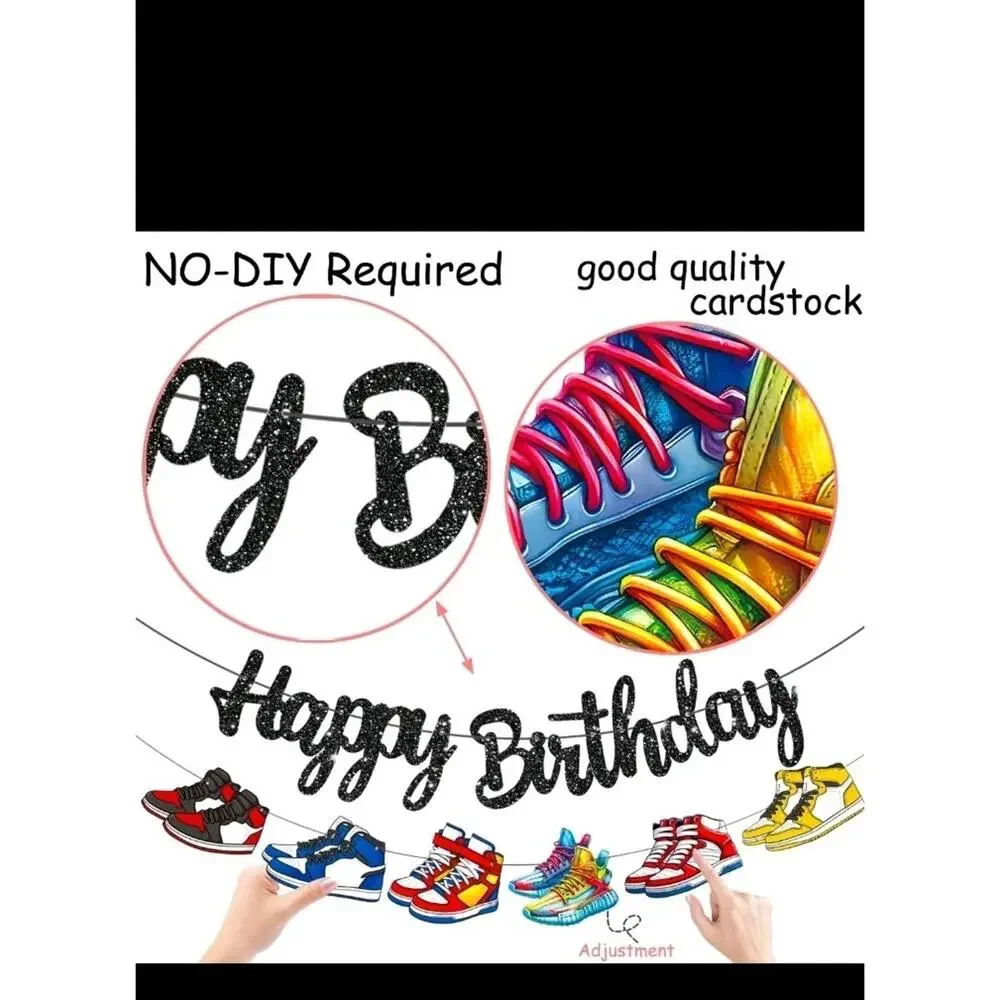 Glitter Black Sneaker Happy Birthday Banners 3Pcs Sports Shoes Theme Party De...